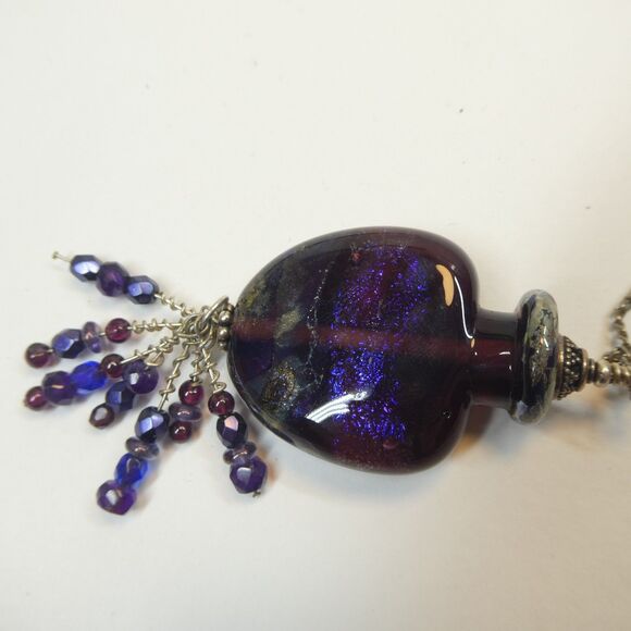Handmade Pendant Glass w/Beaded Fringe Vintage Blue Purple - Picture 9 of 10